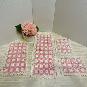 Set of 4 Pink and White crotchet granny square Doilies- Table Runner